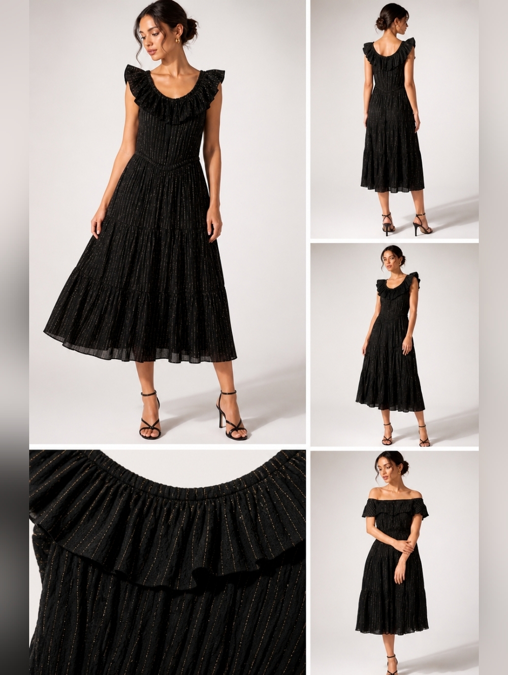 MICHAEL Michael Kors Black Gold Lurex Stripe Ruffle Midi Dress Shimmer Tiered